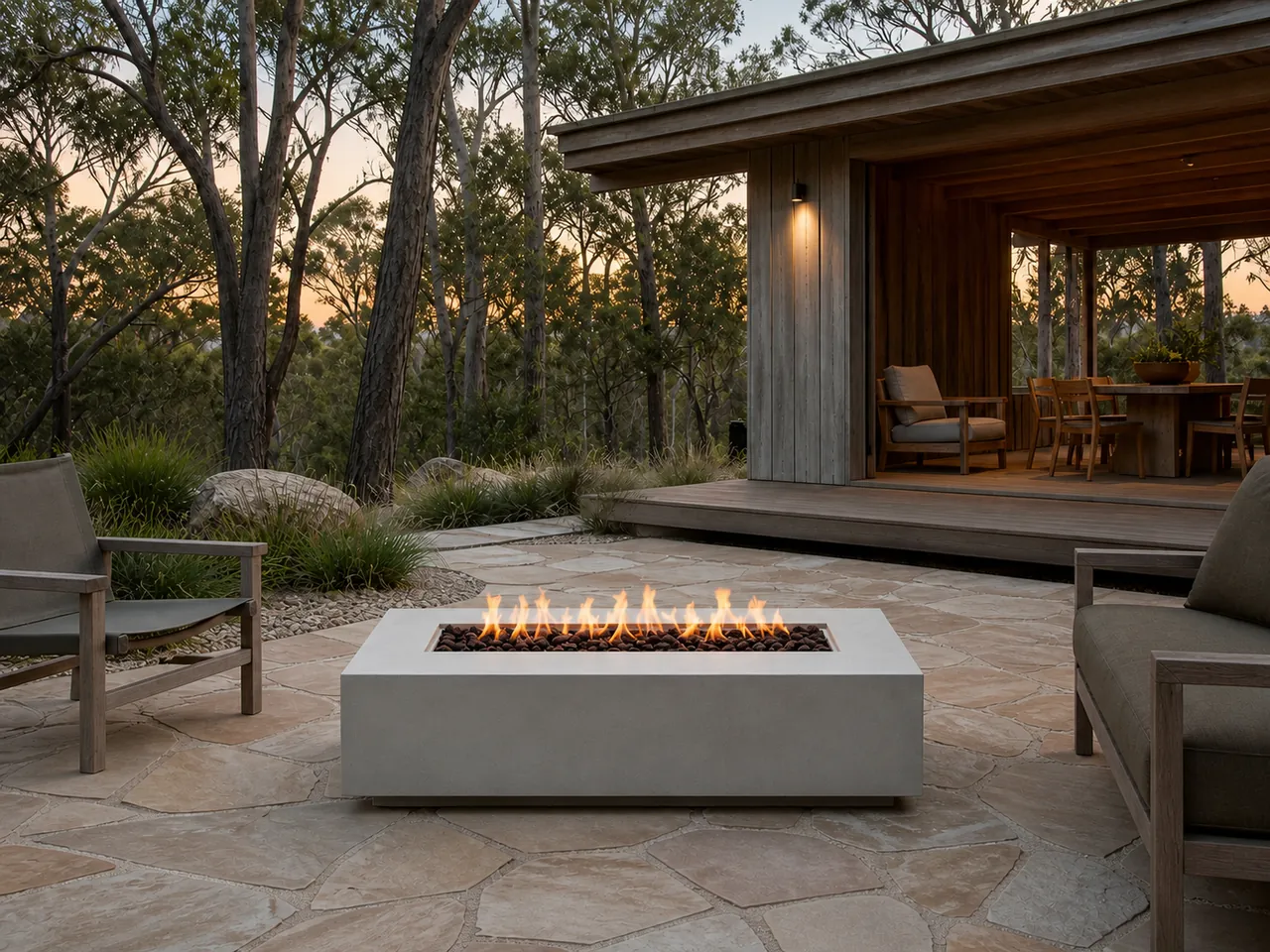 Rowan Rectangular Gas Fire Pit Table with a linear flame on a stone patio outside a modern wooden house at dusk.