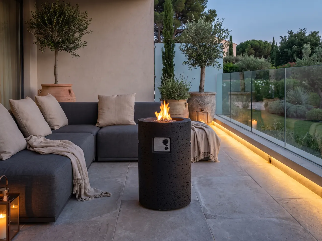 Siena Round Tube Gas Fire Bowl with a tall flame on a balcony terrace next to a grey L-shaped outdoor sofa at twilight.