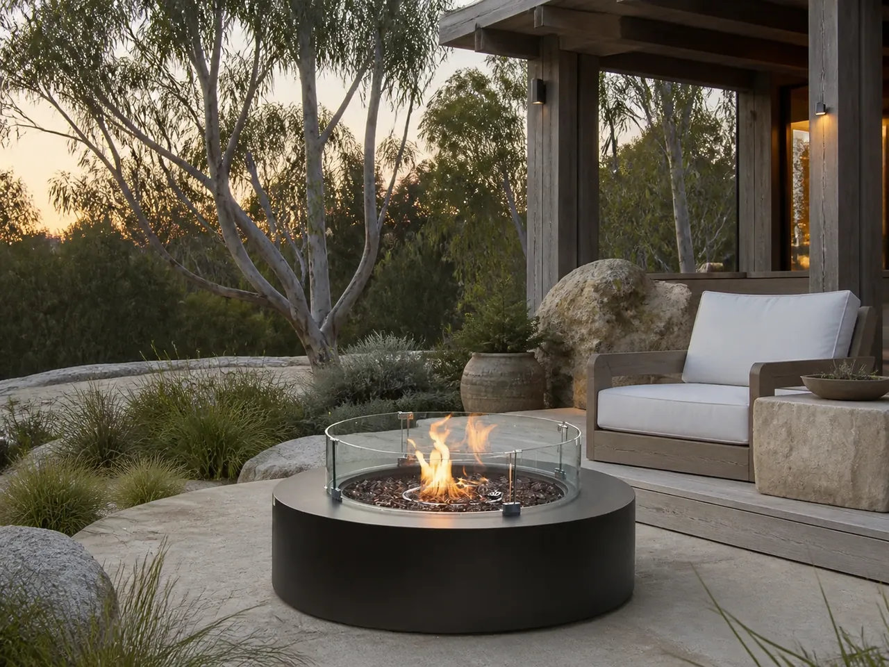 Cana Low Round Gas Fire Pit Table featuring a glass wind guard and central flame, set on a stone terrace with a wooden lounge chair.