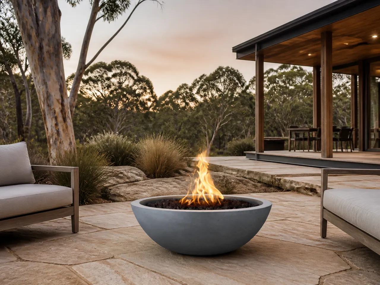 Eden Round Gas Fire Pit Bowl in a light gray finish with a tall flame, placed on a stone patio between two wooden lounge chairs at sunset.