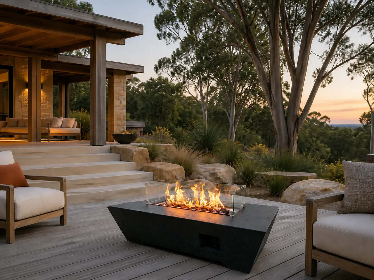 Angle view of the Soren Rectangular Gas Fire Pit Table with a glass guard and burning flames on a wooden patio deck at sunset.