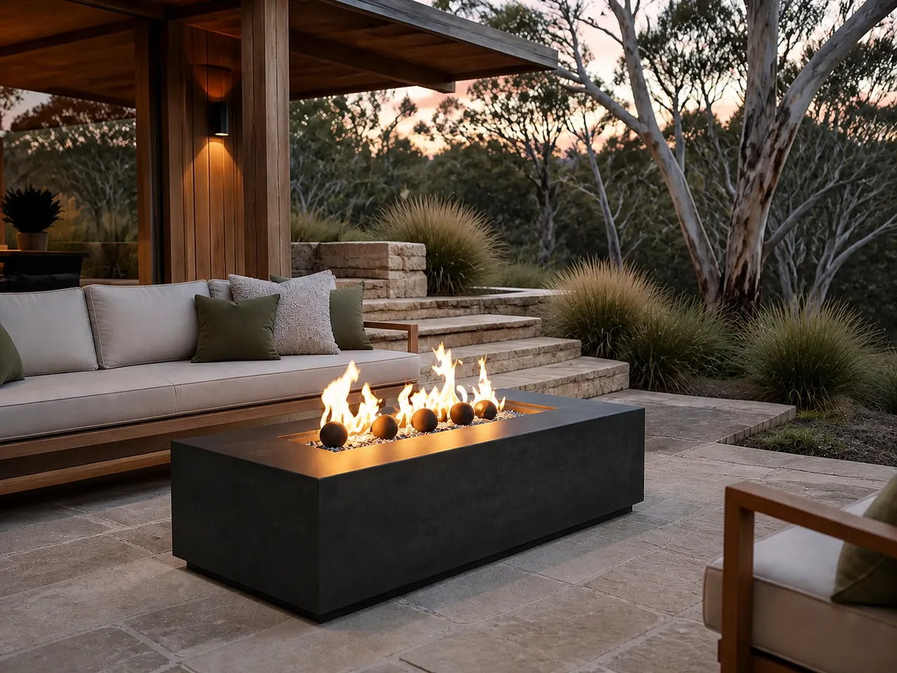 Ostra Rectangular Gas Fire Pit Table in dark gray featuring decorative fire balls and flames on a stone patio at dusk.