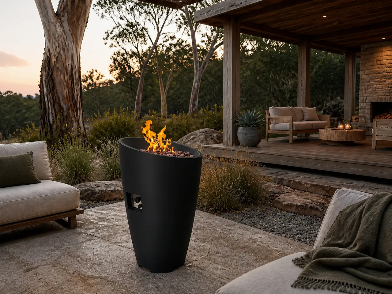 Mira Gas Fire Pit Column in black with a slanted top and bright flame, positioned in an outdoor lounge setting at dusk.