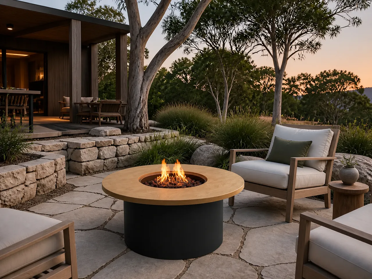 Faro Round Gas Fire Pit Table with a central flame on a stone patio surrounded by wooden chairs and trees at dusk.