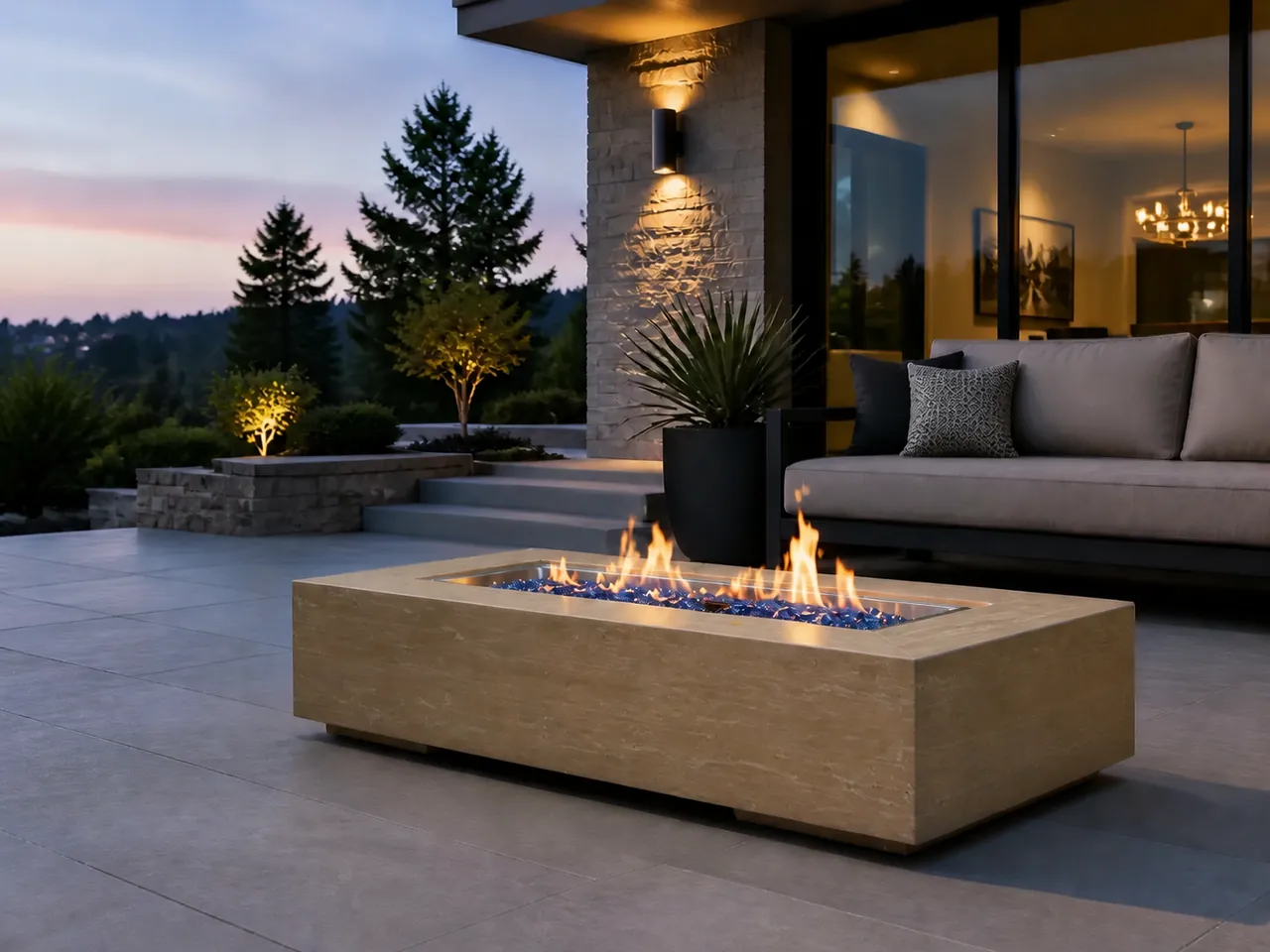 Rhea Rectangular Gas Fire Pit Table with blue glass media and yellow flames on a stone patio at dusk.