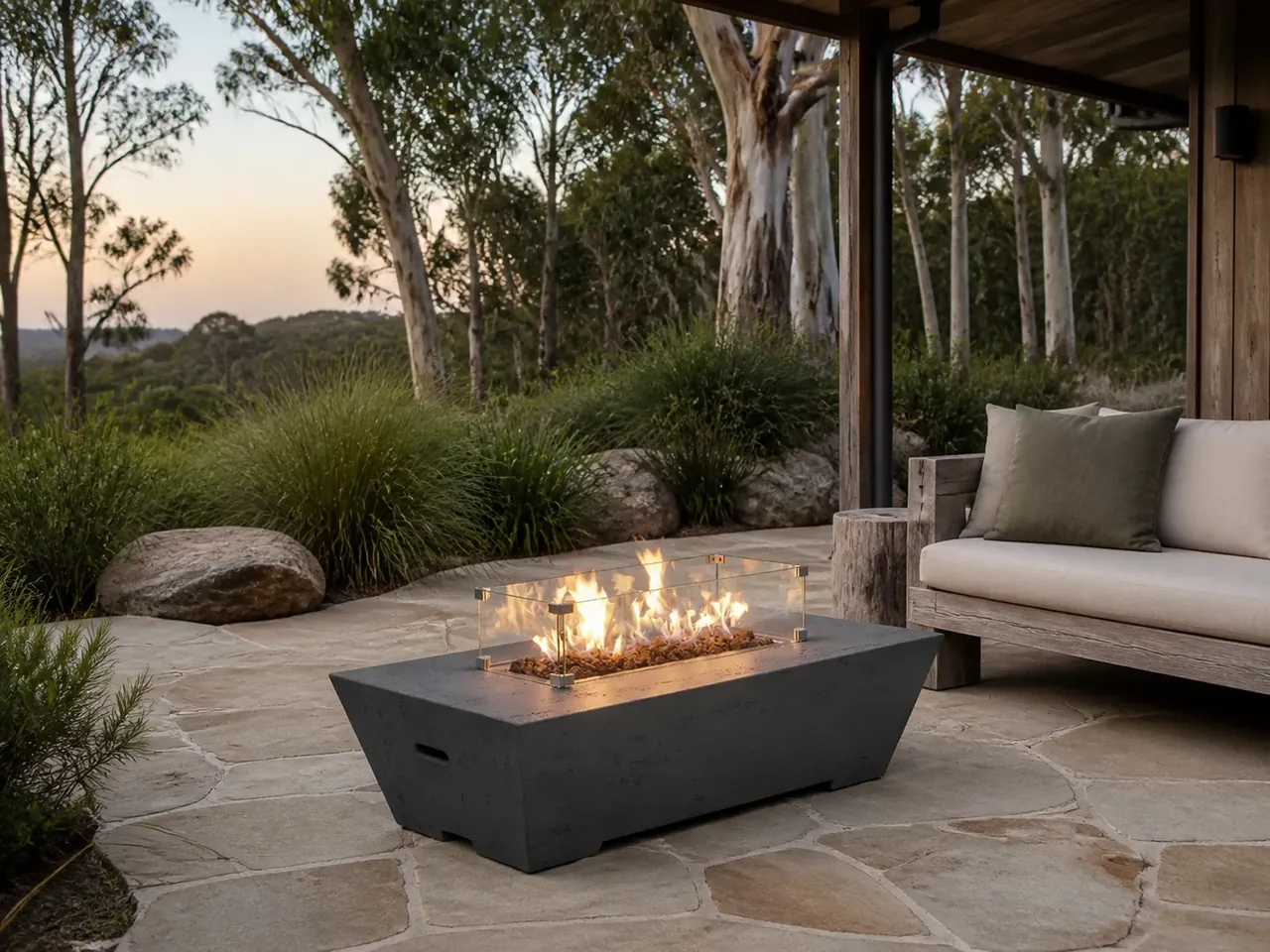 Mysa Rectangular Gas Fire Pit Table with active flames and glass wind guard on a stone patio next to a wooden outdoor sofa.