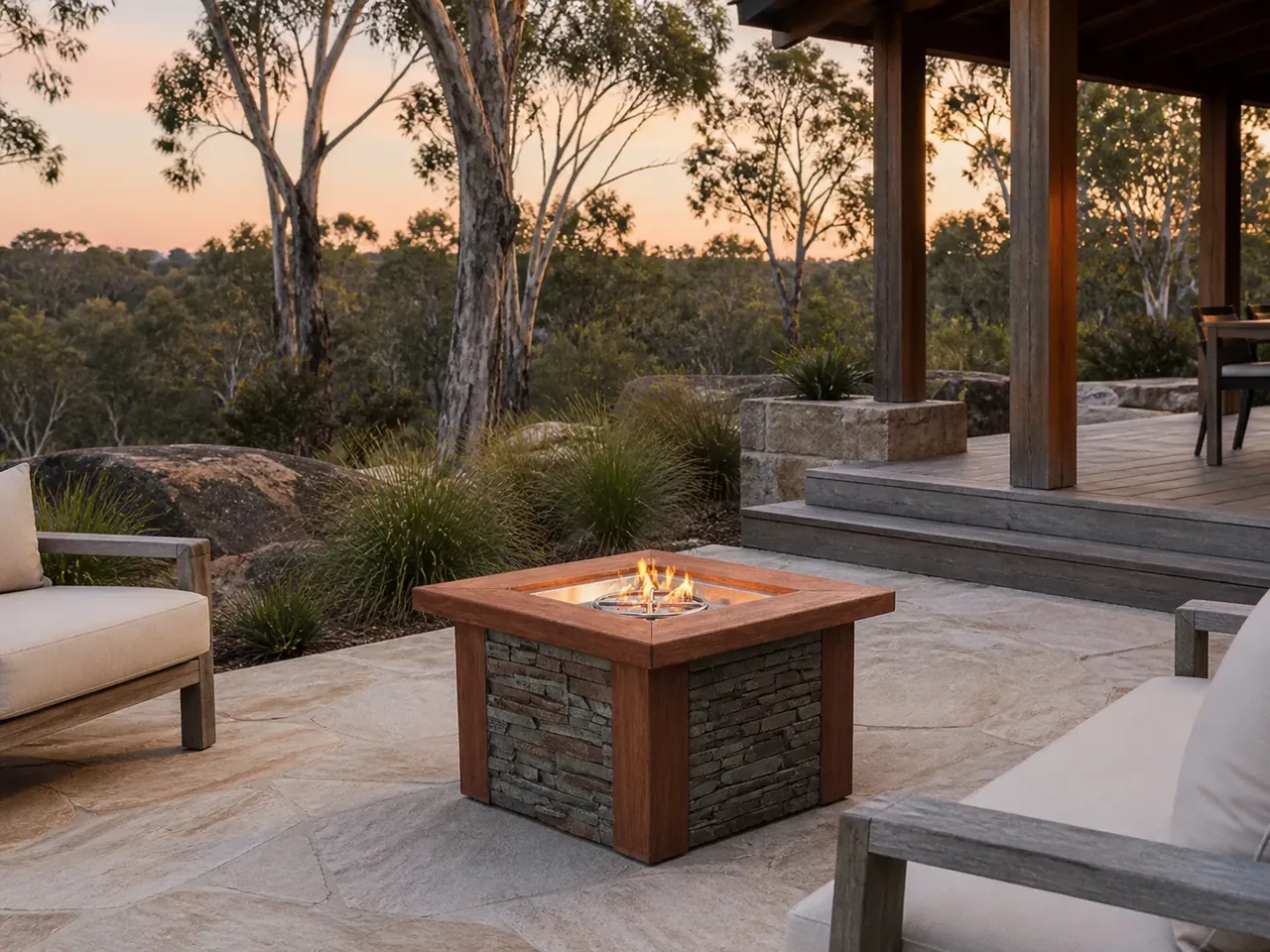 Roux Square Gas Fire Pit Table with a central flame on a stone patio surrounded by wooden lounge chairs at sunset.