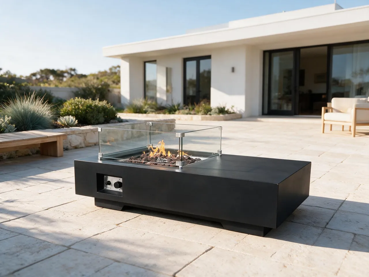 Marlow Rectangular Gas Fire Pit Table with a glass wind guard and dancing flames on a light stone patio in front of a modern home.