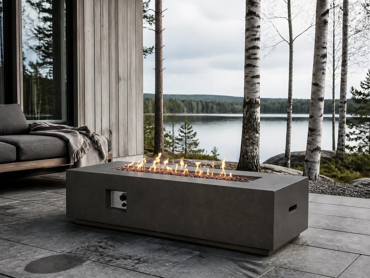 Arden Rectangular Gas Fire Pit Table with linear flames on a stone patio overlooking a lake and forest.