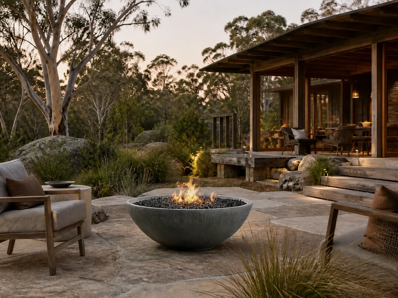 Alba Round Gas Fire Bowl with a bright flame on a stone patio, surrounded by wooden chairs and a forest landscape at dusk.