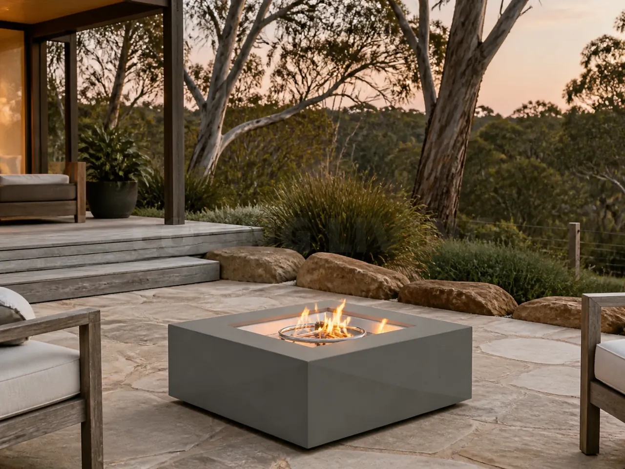 Iris Square Gas Fire Pit Table with orange flames on a stone patio surrounded by trees and outdoor lounge chairs.