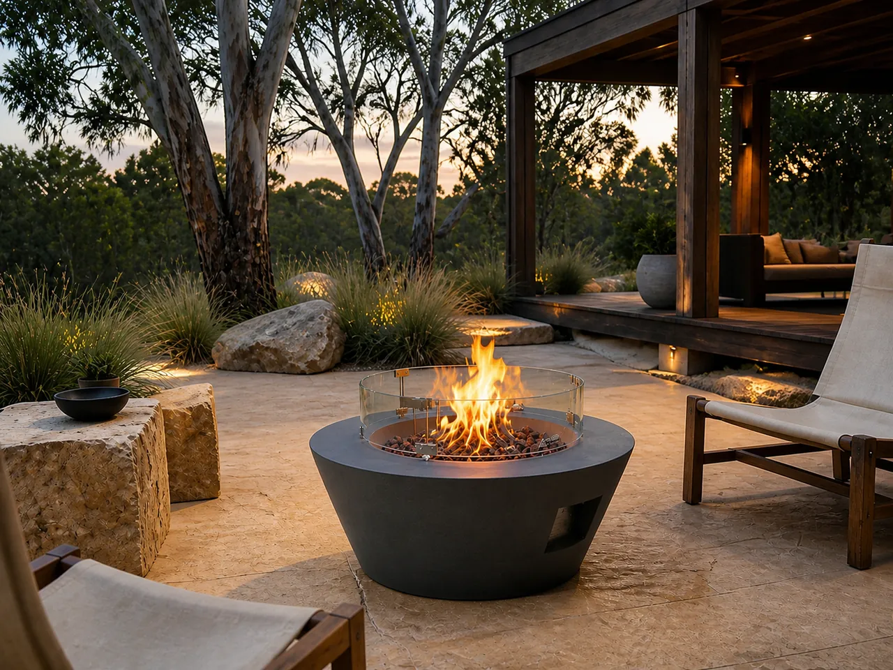 Elara Round Bowl Gas Fire Bowl with a glass wind guard and active flame on a stone patio surrounded by trees.