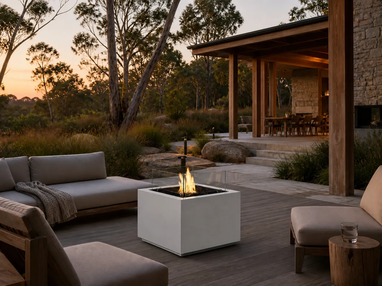 Elio Square Gas Fire Pit Table with a glass wind guard and central flame, placed on a wooden deck in an outdoor lounge setting at dusk.