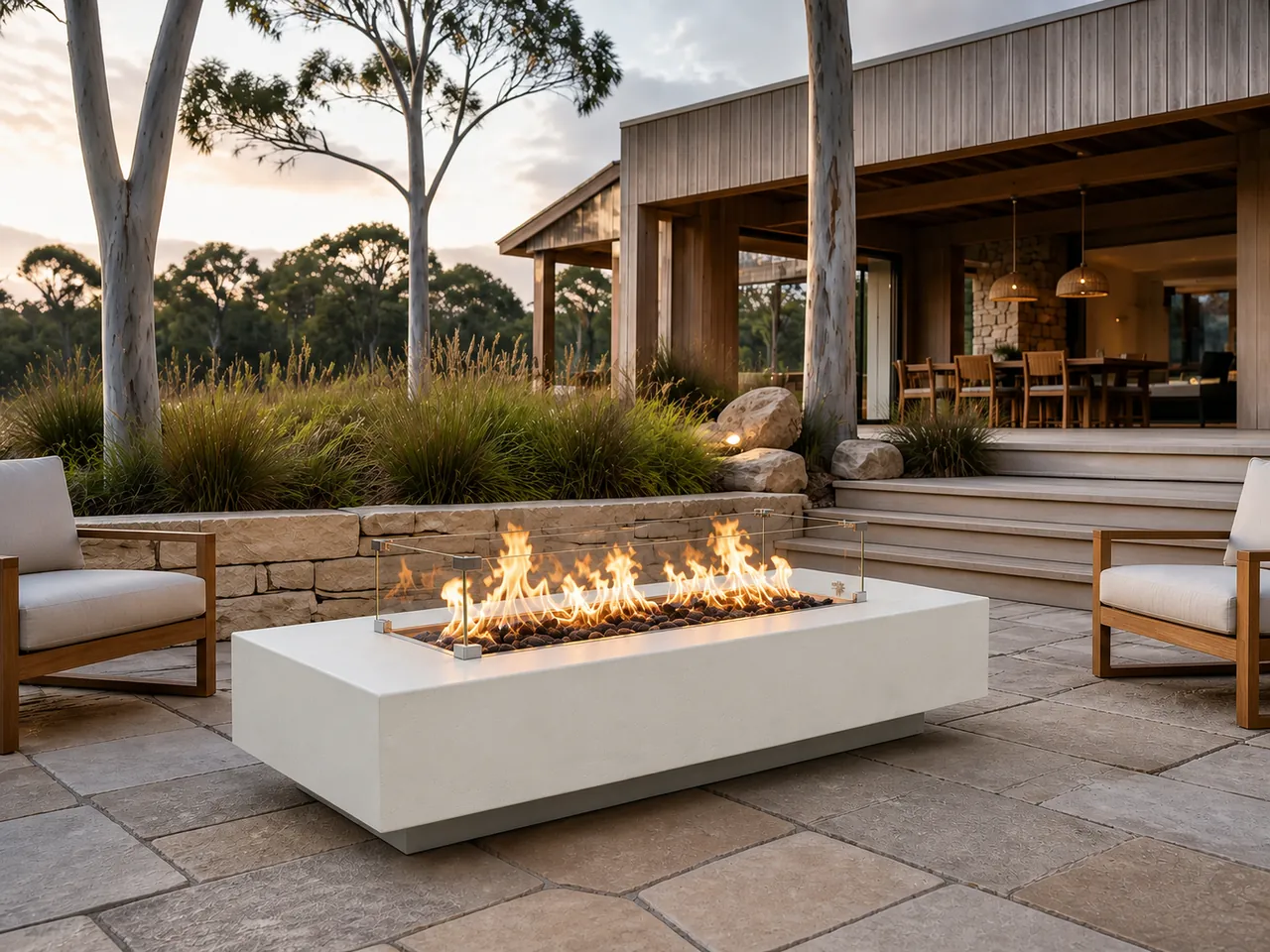 Valen Rectangular Gas Fire Pit Table with flames and glass guard on a stone patio near wooden armchairs and a modern house.
